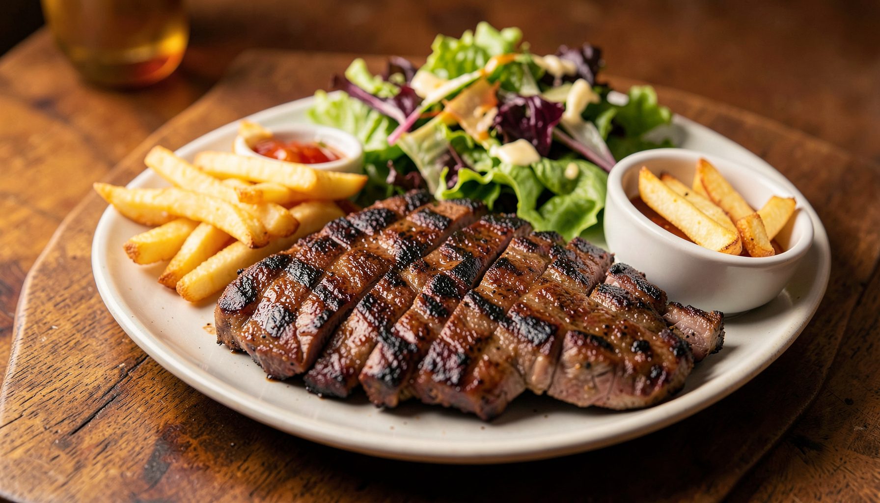 Grilled meat platter with salad, fries and dipping sauce, warm inviting tones