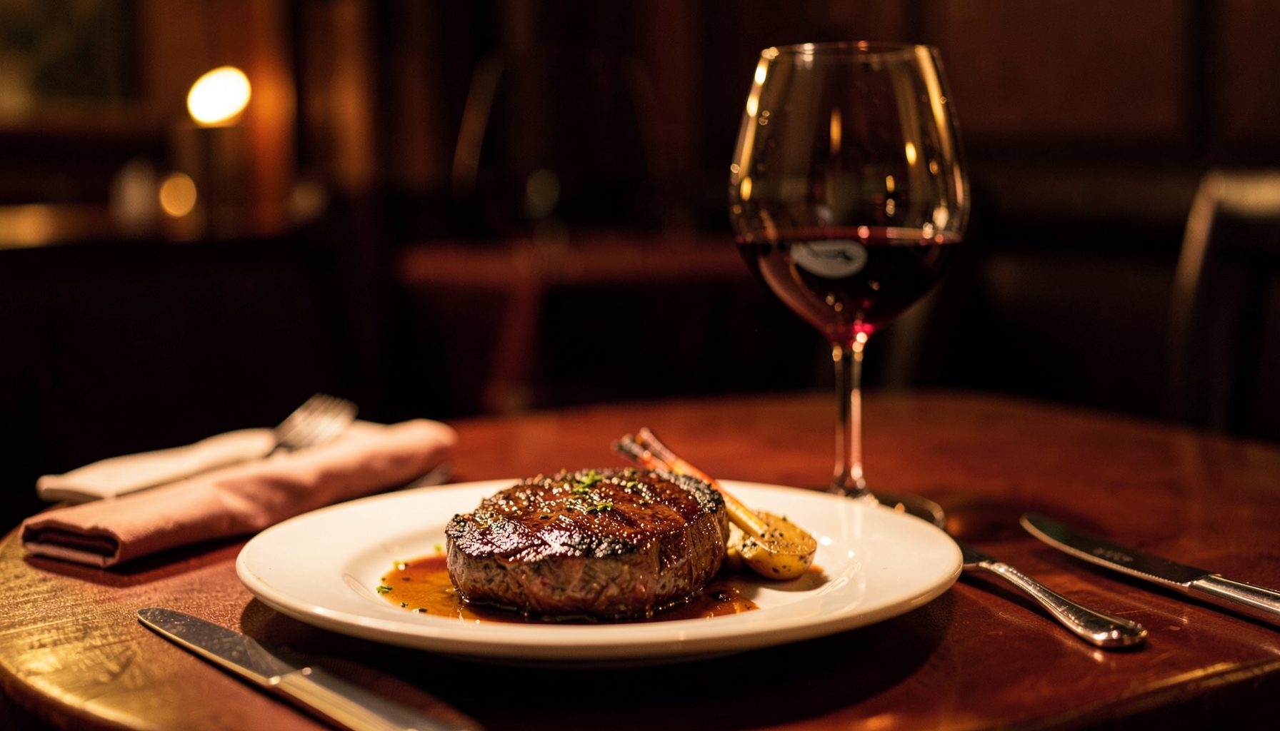 Warmly lit restaurant table setting with a steak dish and a glass of red wine, rich amber and deep red tones