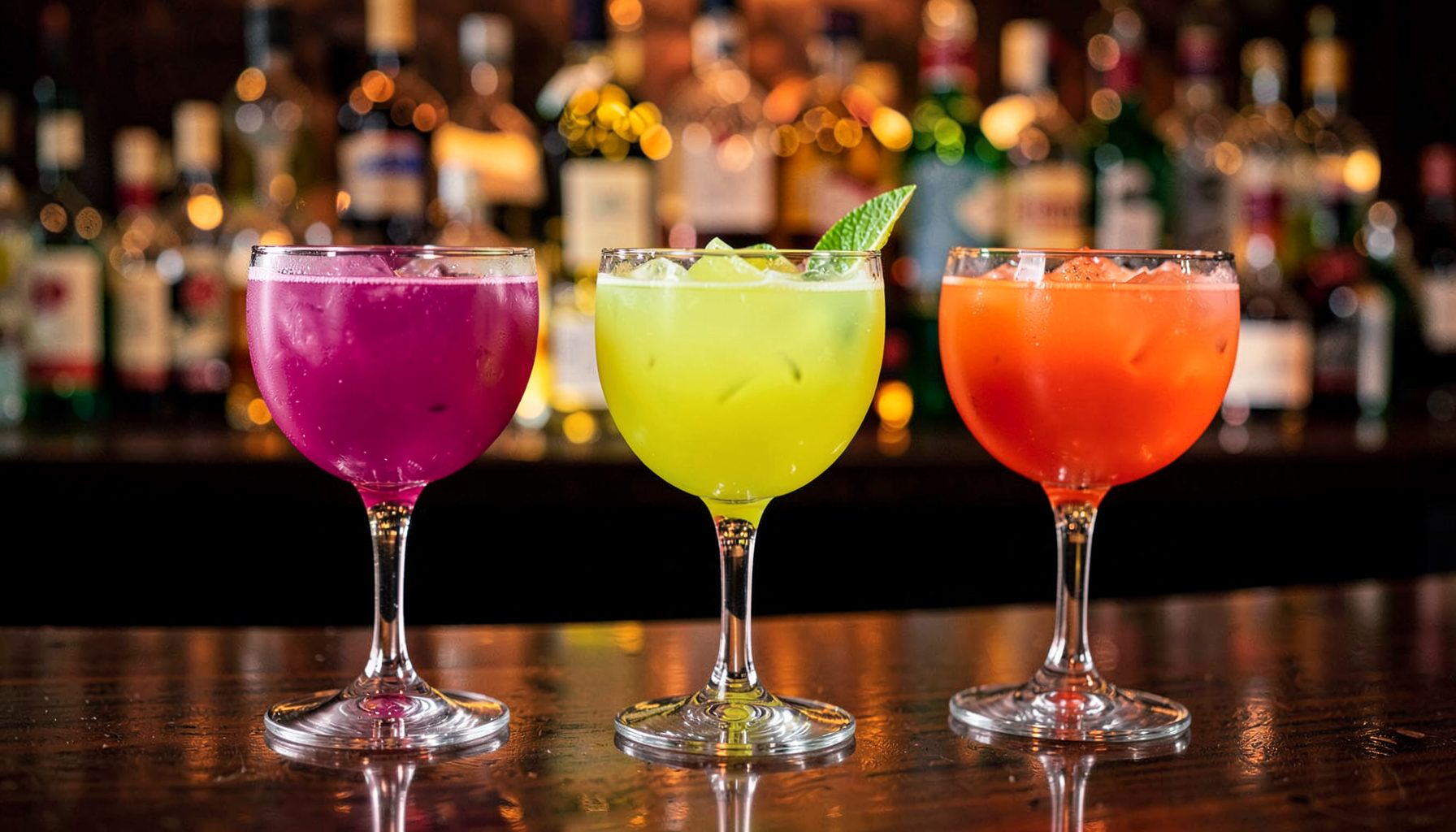 Three colourful cocktails in stemmed glasses on a polished bar counter, warm ambient glow reflecting off bottles behind