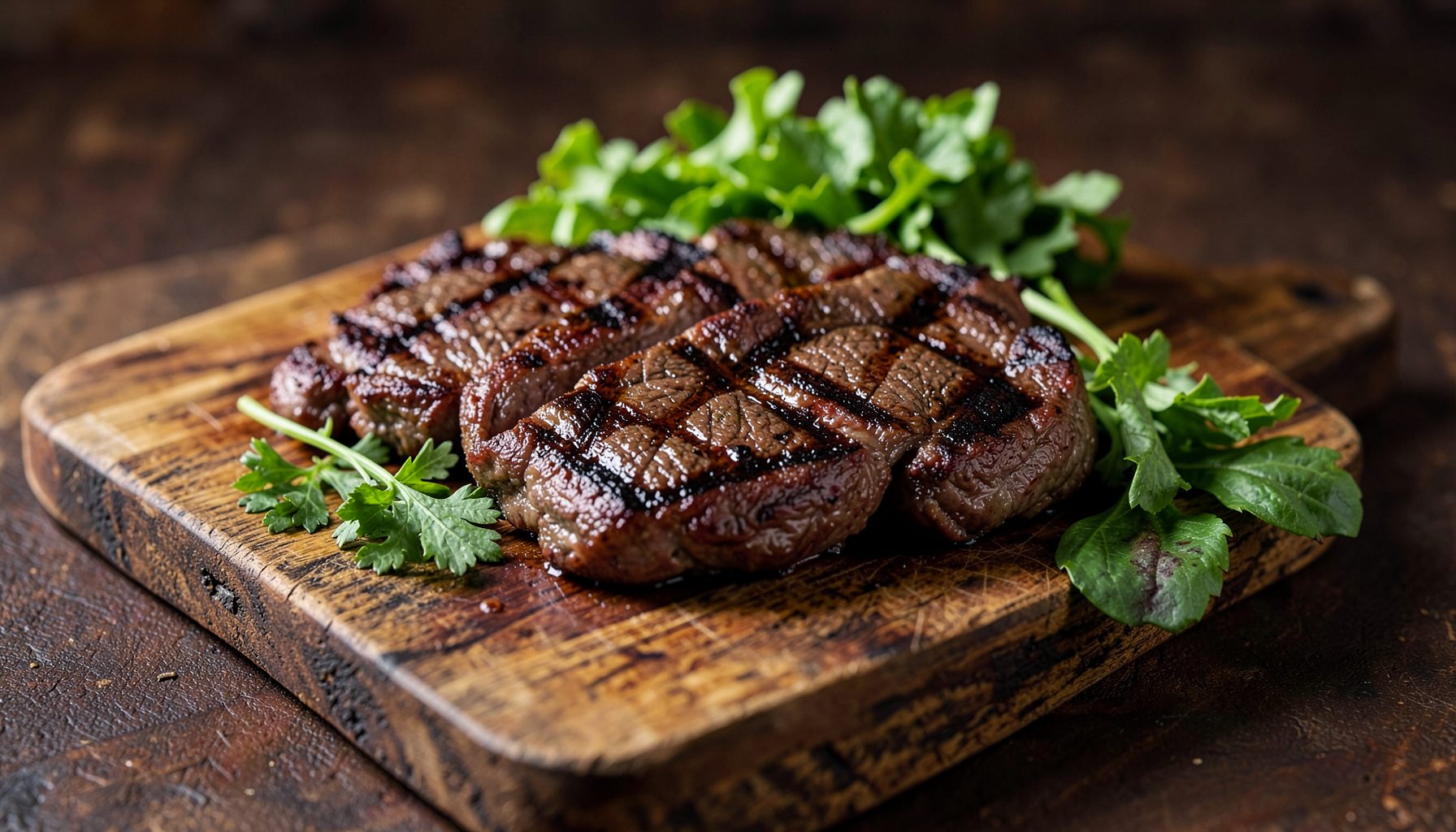 Grilled steak slices on a wooden board with fresh greens, rich brown and green tones