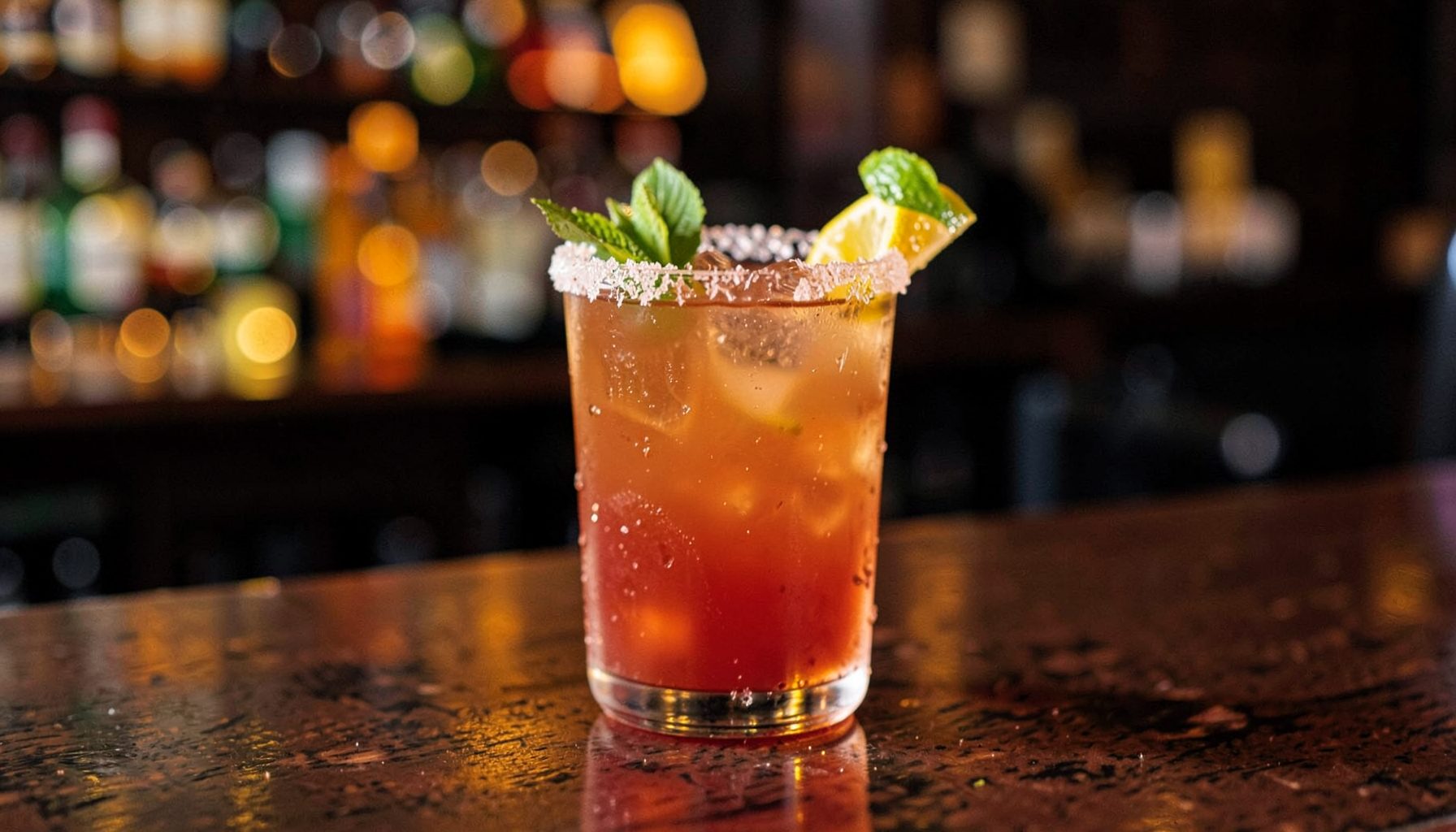 Festive cocktail with a sugared rim and fresh garnish on a bar counter, warm amber and ruby tones