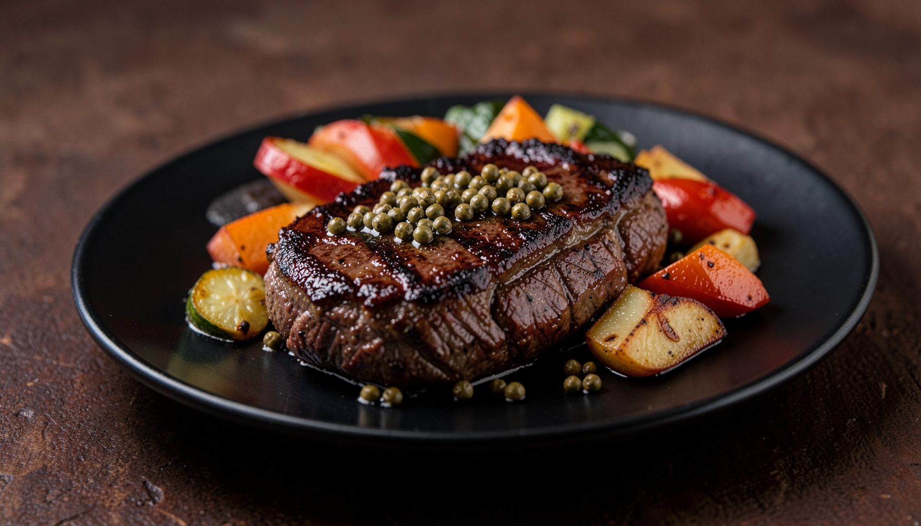 Juicy grilled steak with peppercorn sauce and roasted vegetables on a dark plate, rich brown and red tones