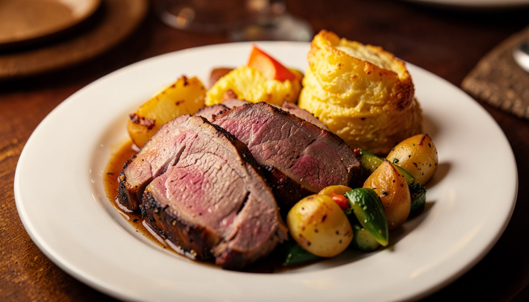 Roast dinner plated with sliced meat, Yorkshire pudding, roast potatoes and vegetables, warm golden-brown tones
