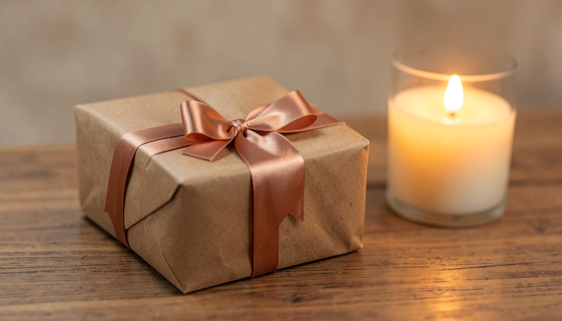 Gift box wrapped in kraft paper with a satin ribbon bow, resting on a wooden table beside a warm glowing candle, soft amber tones