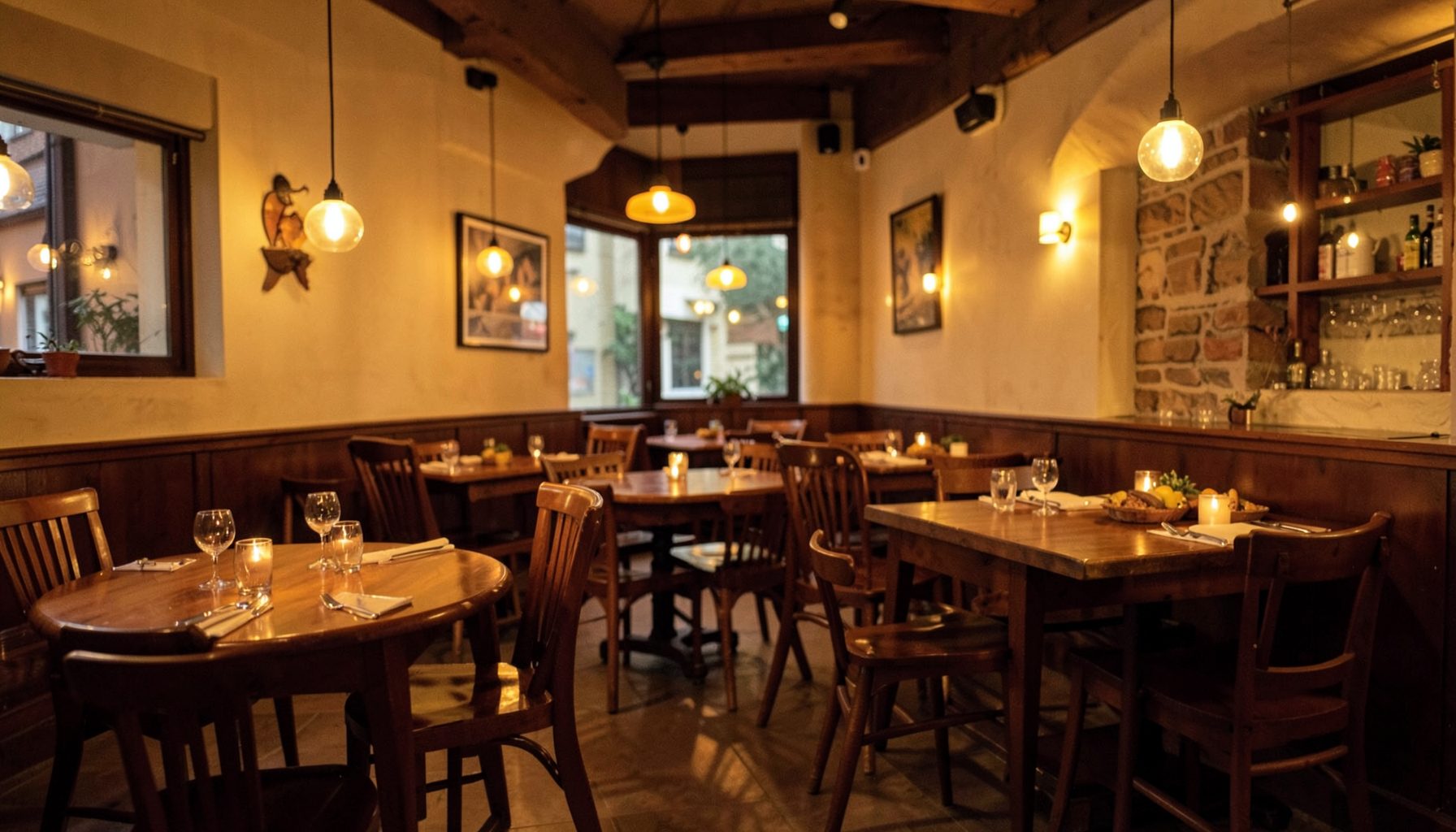 Warmly lit restaurant interior with wooden tables and chairs, soft amber glow from pendant lights, and a relaxed dining atmosphere