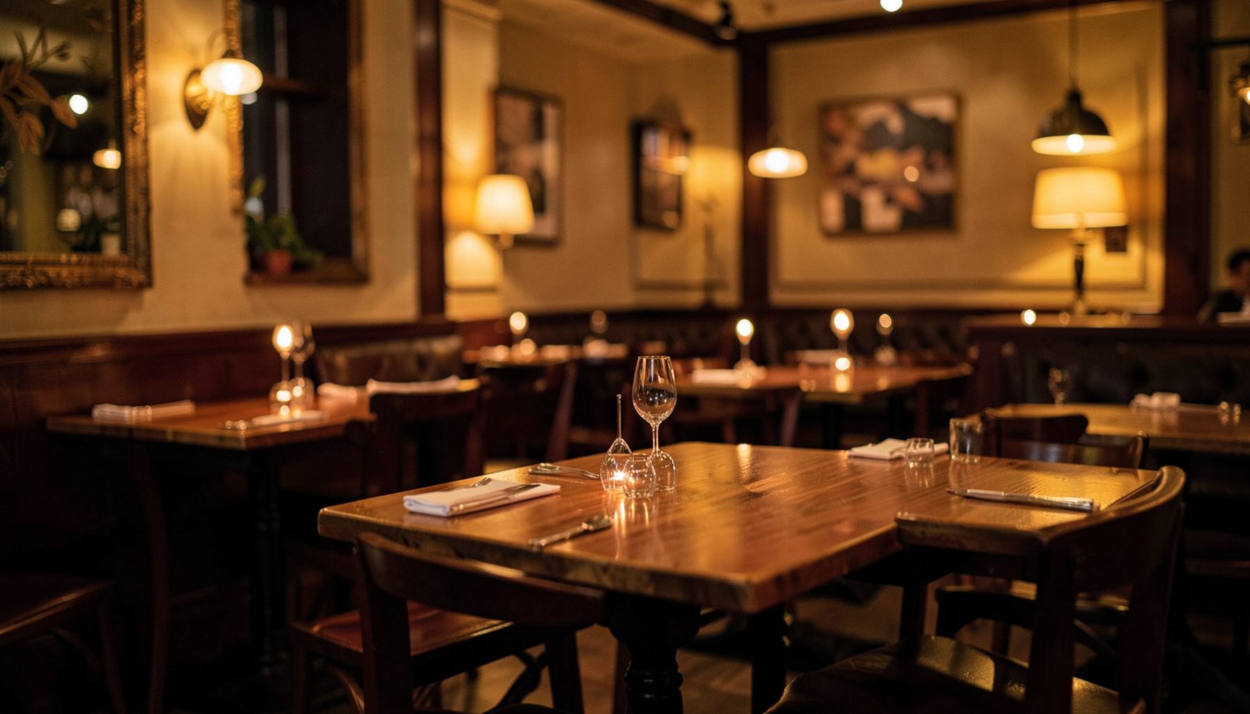 Warm interior of a restaurant with wooden tables, soft amber lighting, and an inviting atmosphere