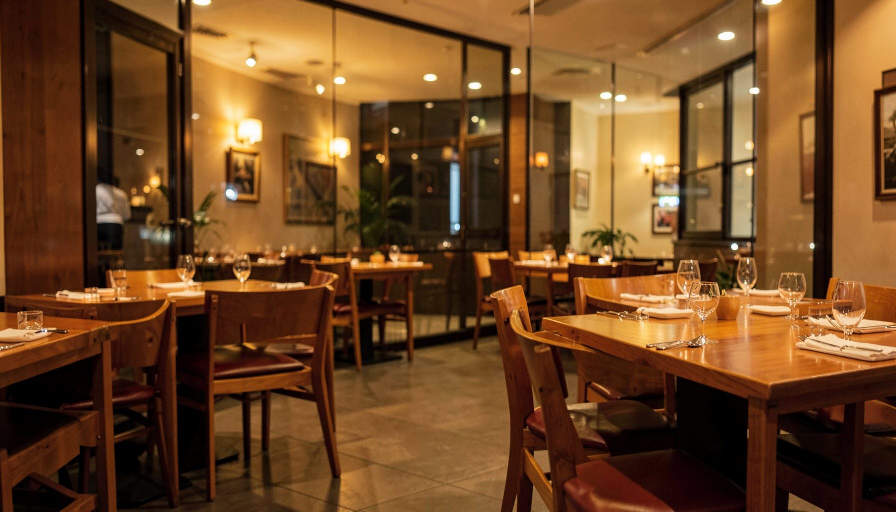 Warmly lit restaurant interior with neatly set wooden tables and chairs, soft amber glow reflecting off glass surfaces