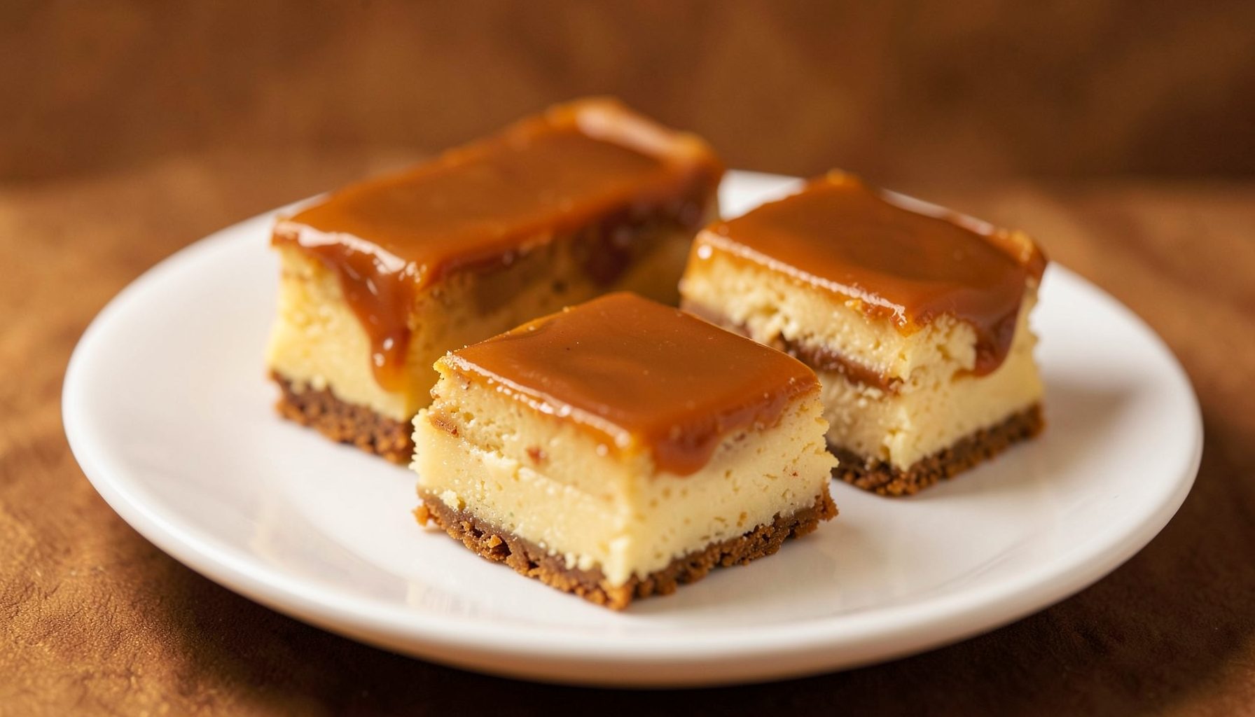 Dessert bars with caramel topping on a white plate, warm amber tones