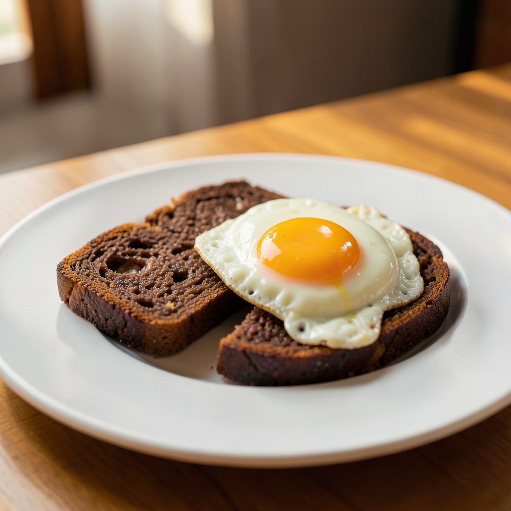 Plated breakfast dish with poached egg and dark bread on a white plate, warm morning tones