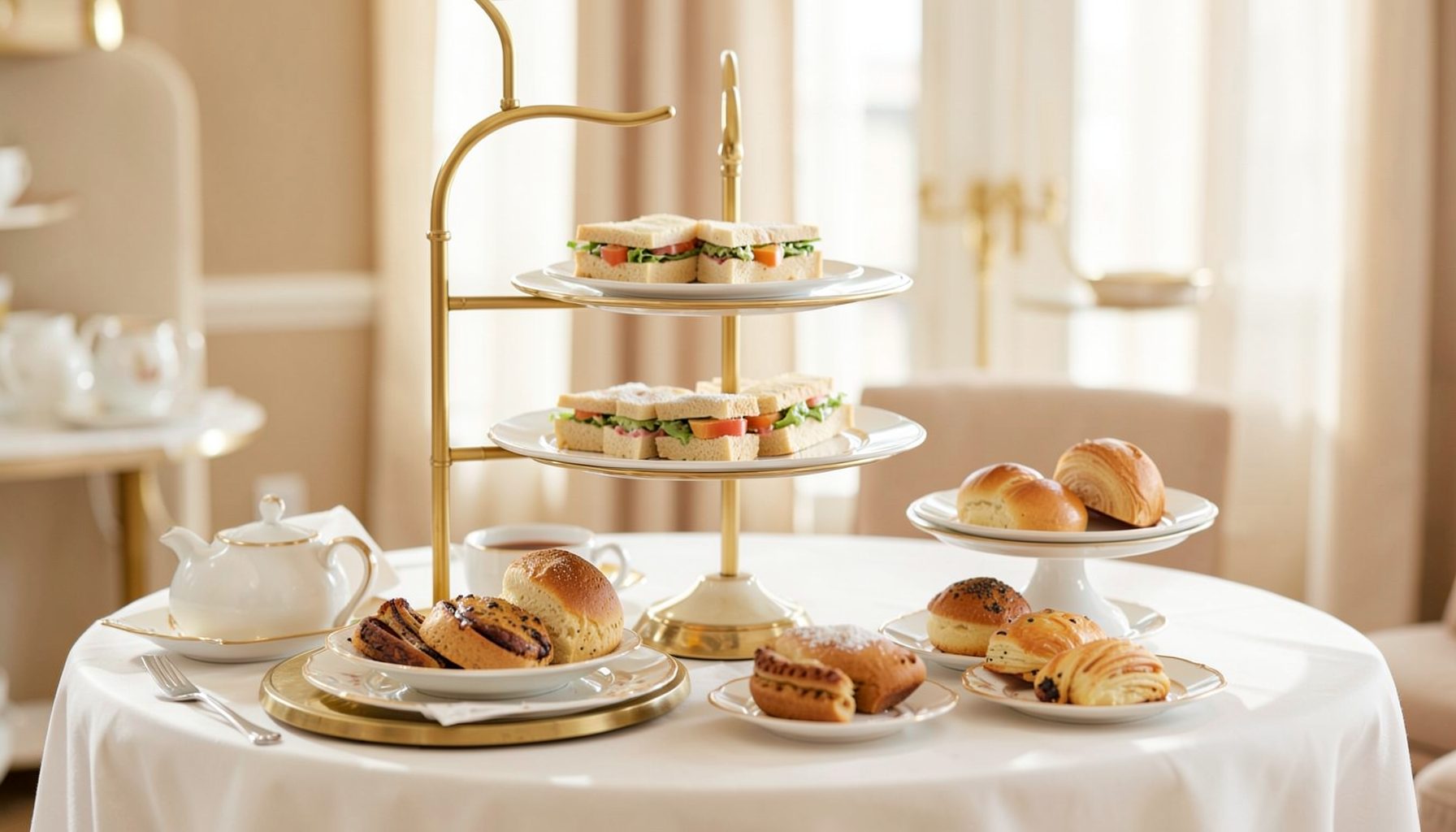 Elegant afternoon tea stand with finger sandwiches, scones, and pastries, soft cream and gold tones
